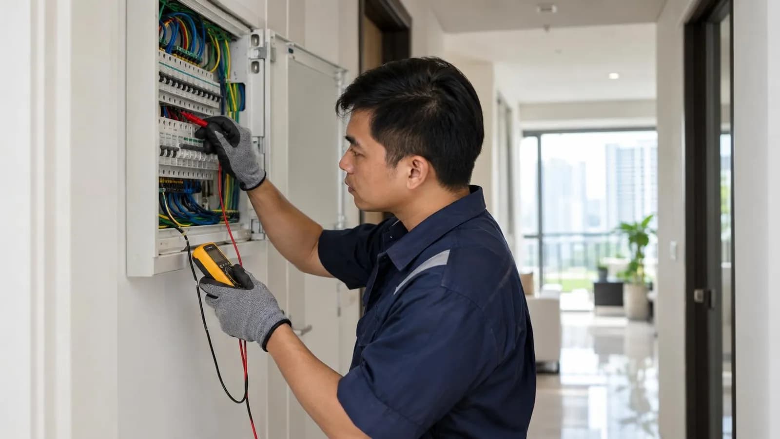 An electrician testing an open electrical distribution board with a multimeter in a bright Singapore home