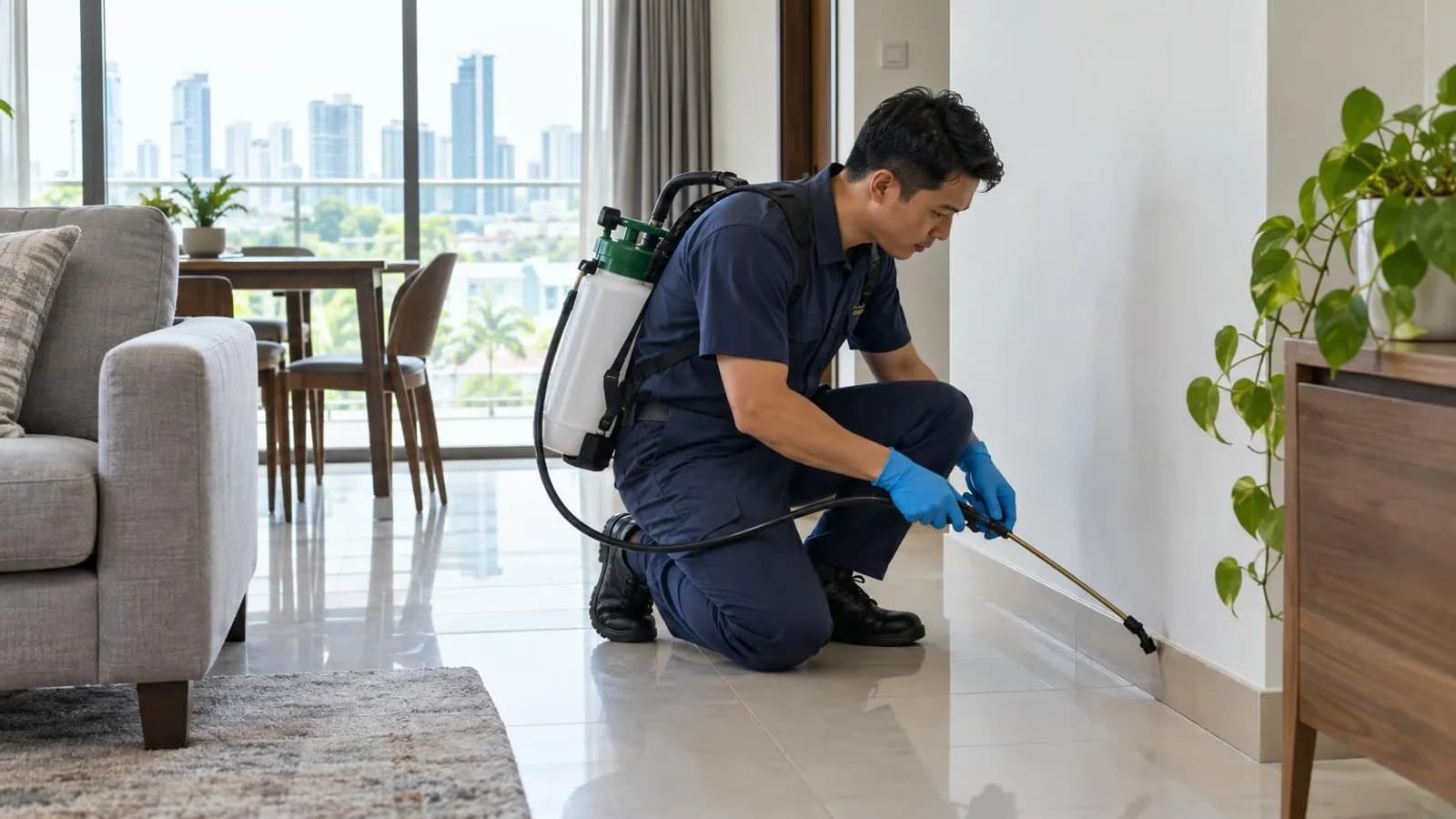 A pest-control technician spraying the skirting of a Singapore living room with a sprayer