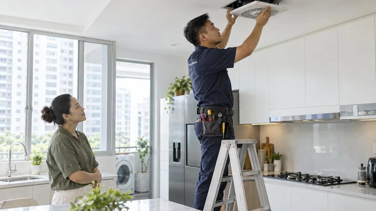 A technician on a ladder installing a ceiling exhaust fan in a bright kitchen while a homeowner watches