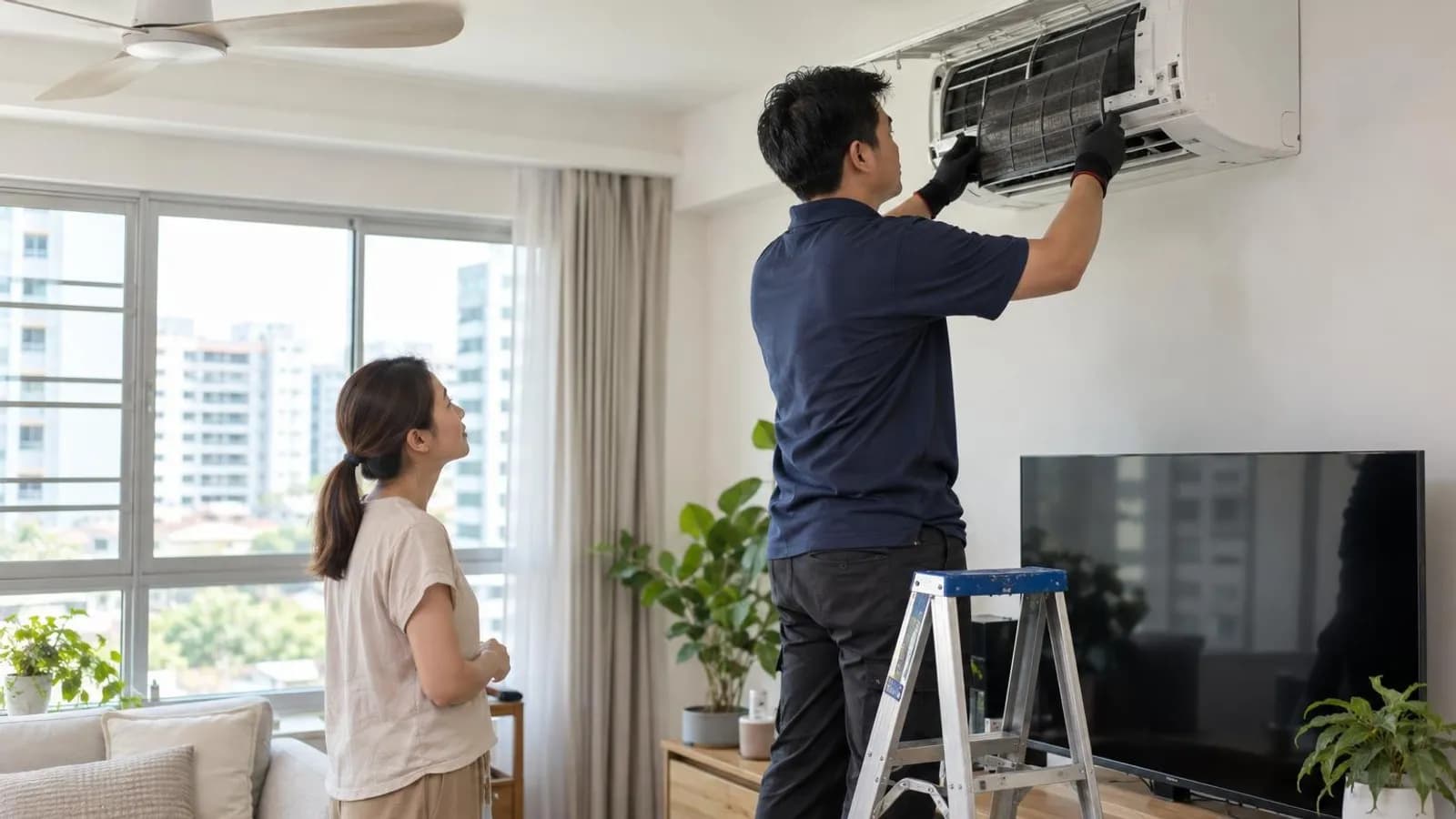 An aircon technician servicing a wall-mounted air-conditioner on a step ladder