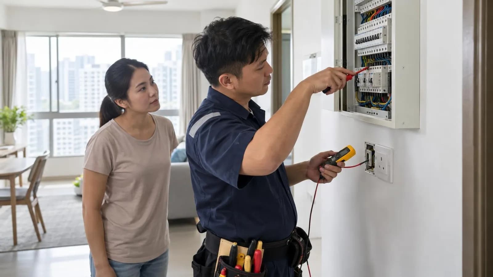 A licensed electrician testing a consumer unit with a voltage tester in a bright HDB flat