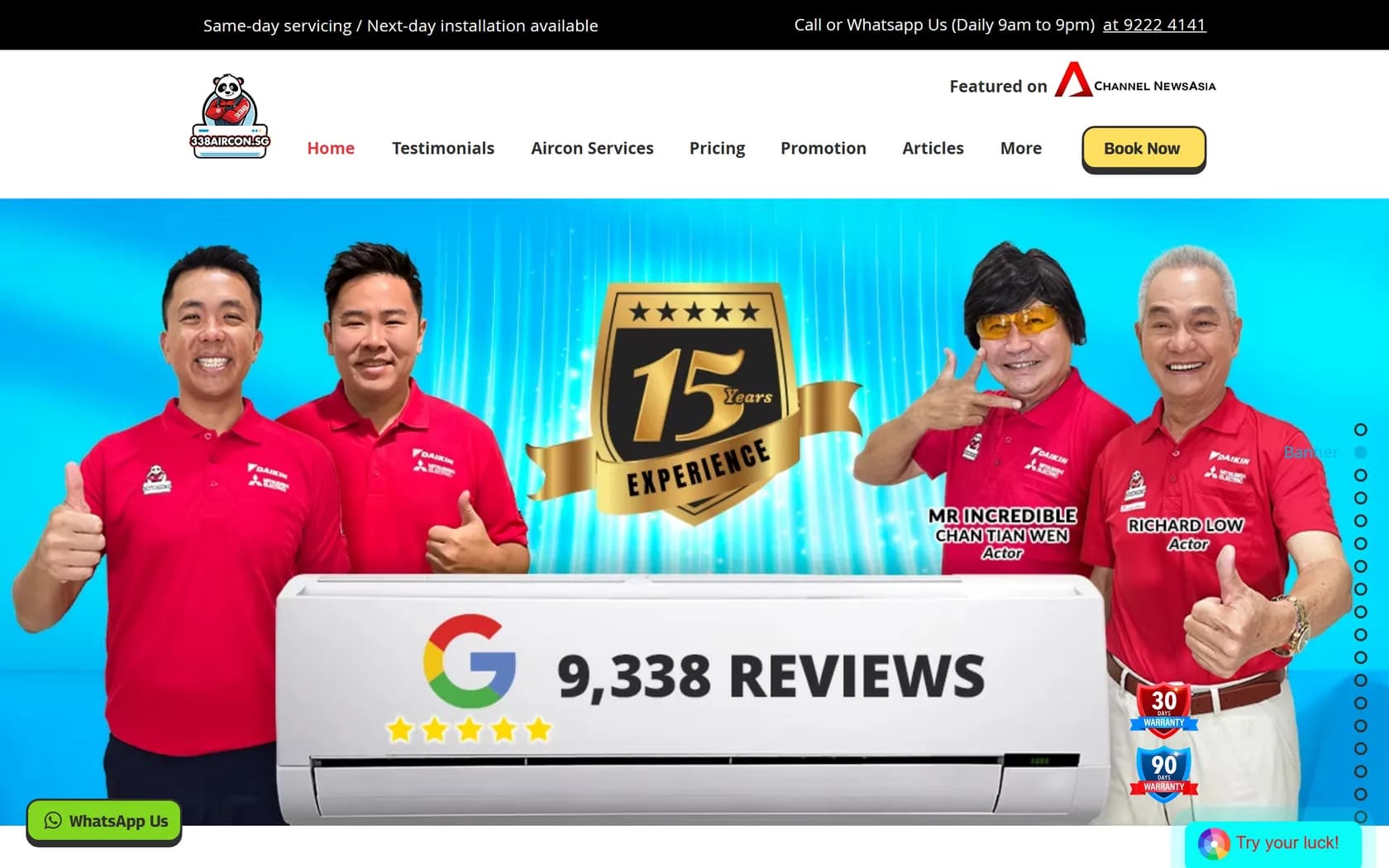Homepage of 338 Aircon's official website, captured 21 September 2026.
