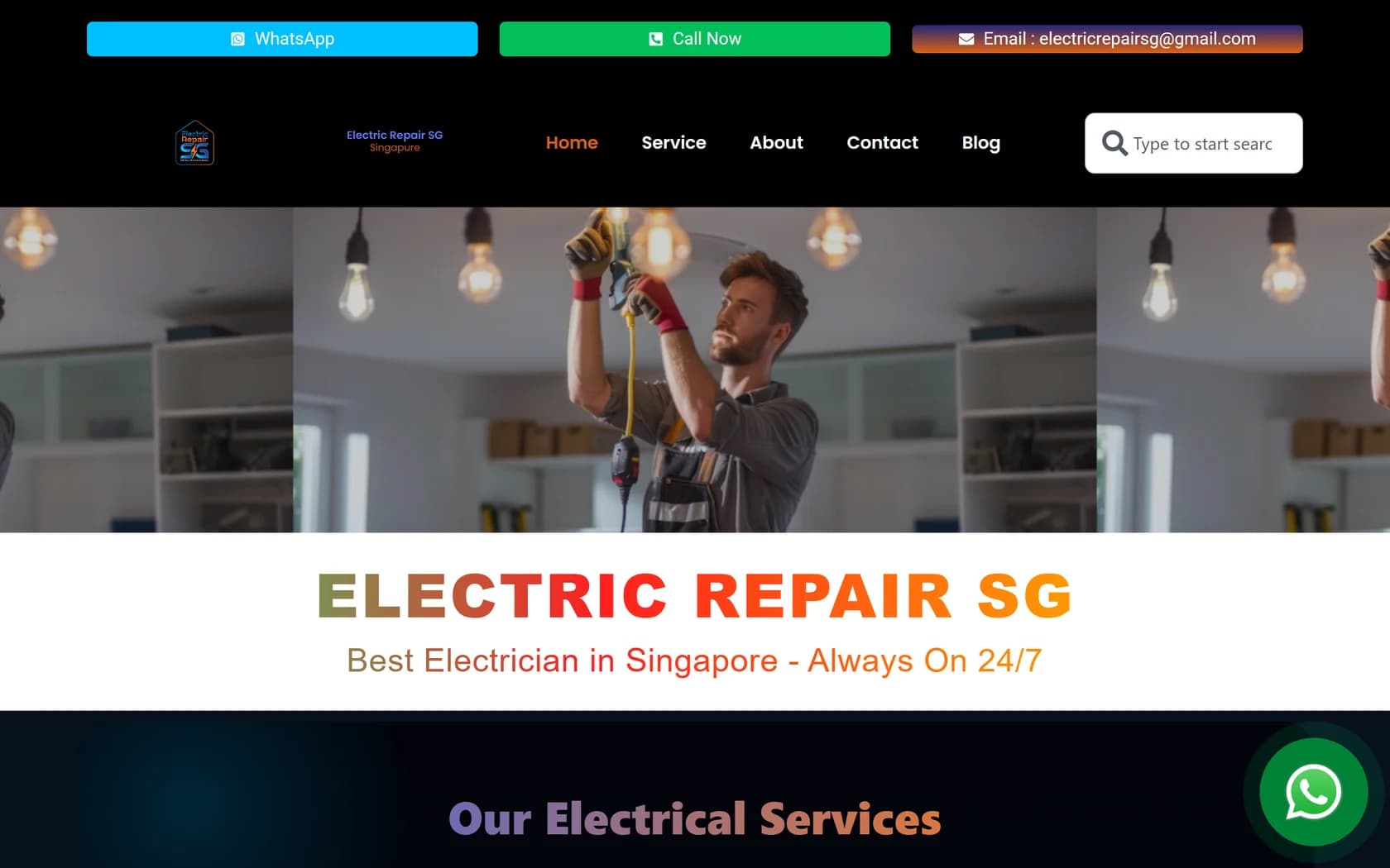 Homepage of Electric Repair SG’s official website, captured 21 September 2026.
