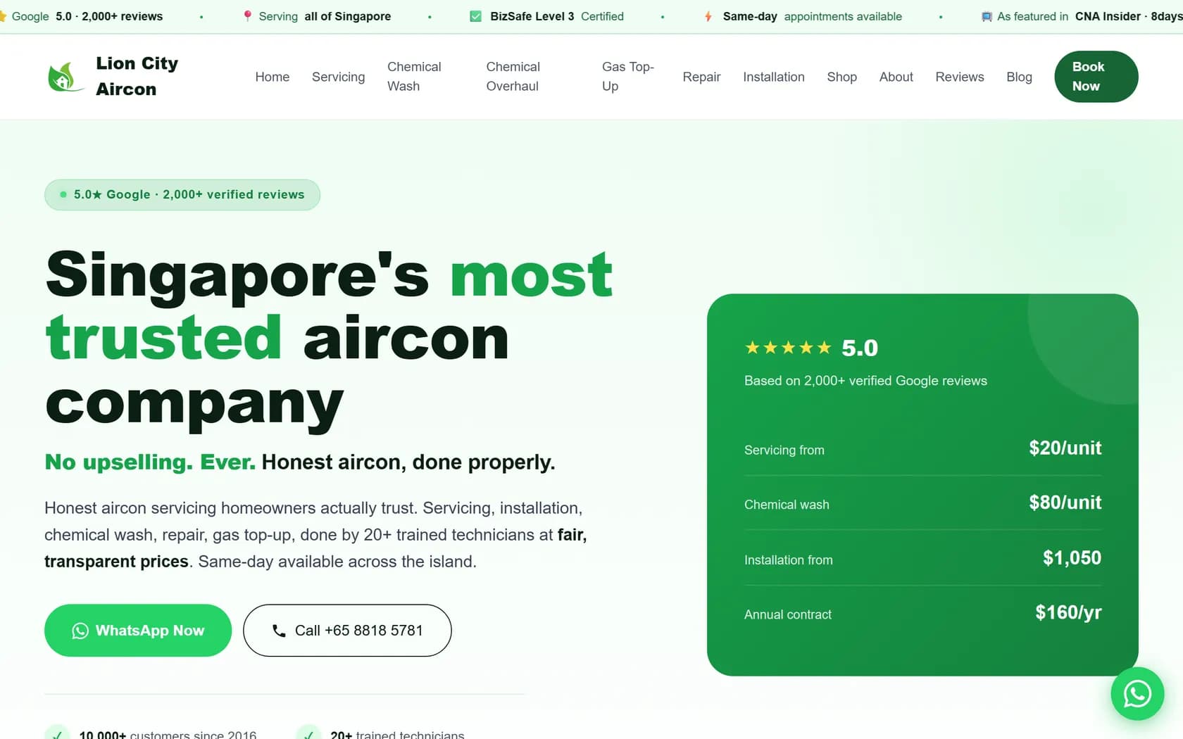 Homepage of Lion City Aircon's official website, captured 21 September 2026.