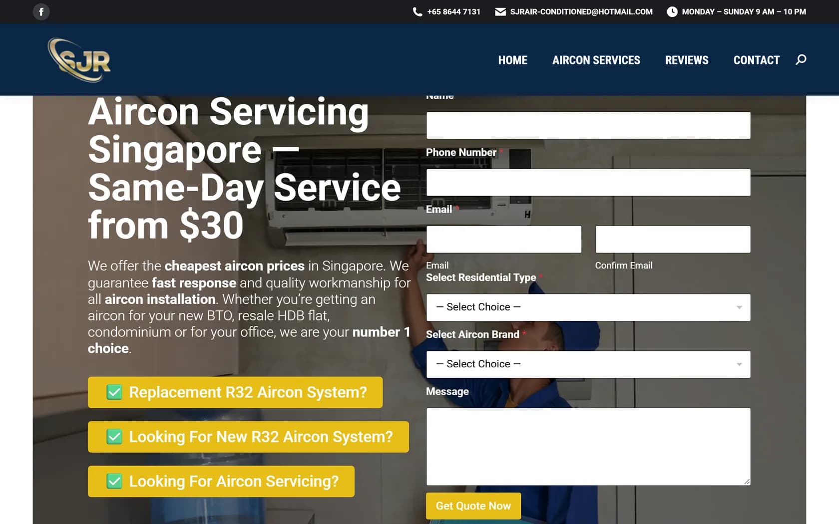 Homepage of SJR Air-Conditioned's official website, captured 21 September 2026.