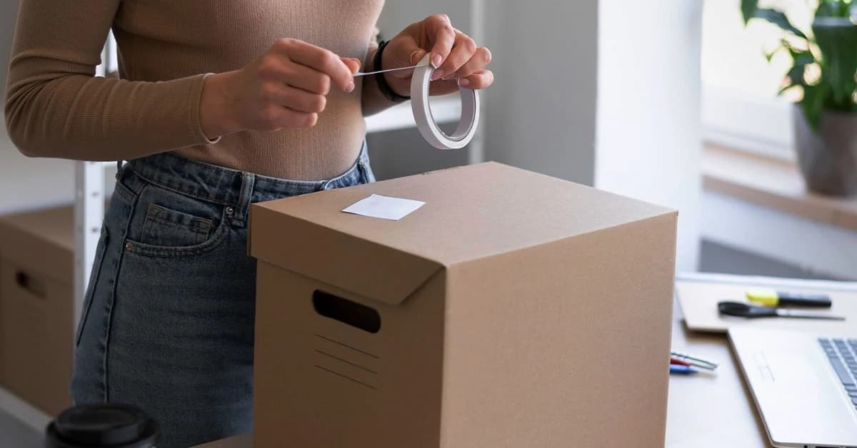 A person sealing a cardboard parcel with tape at a desk