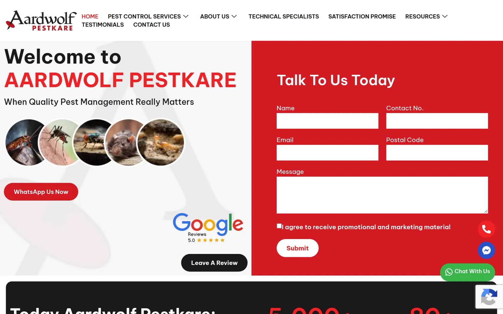 Homepage of Aardwolf Pestkare's official website, captured 20 September 2026.