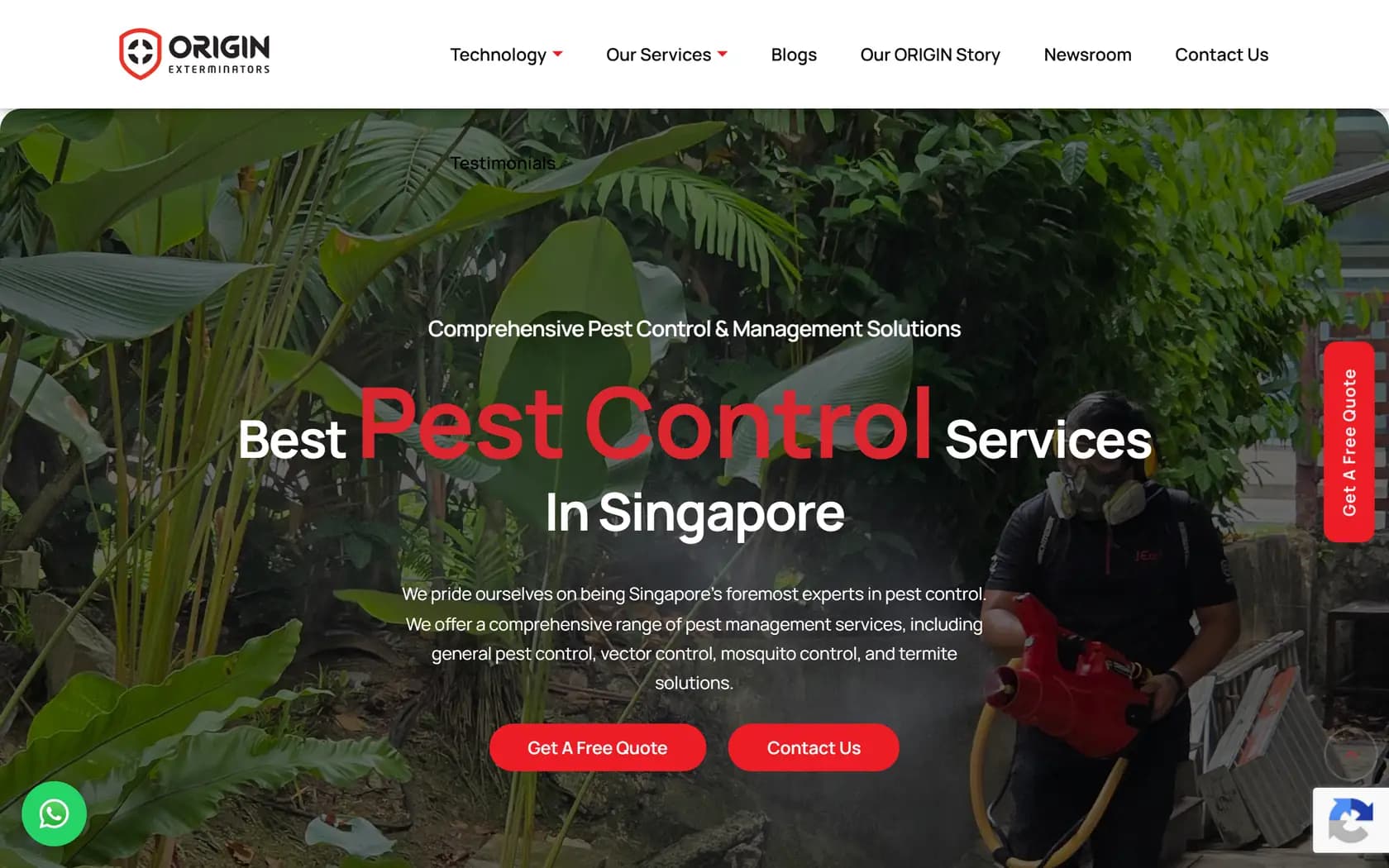 Homepage of Origin Exterminators's official website, captured 20 September 2026.