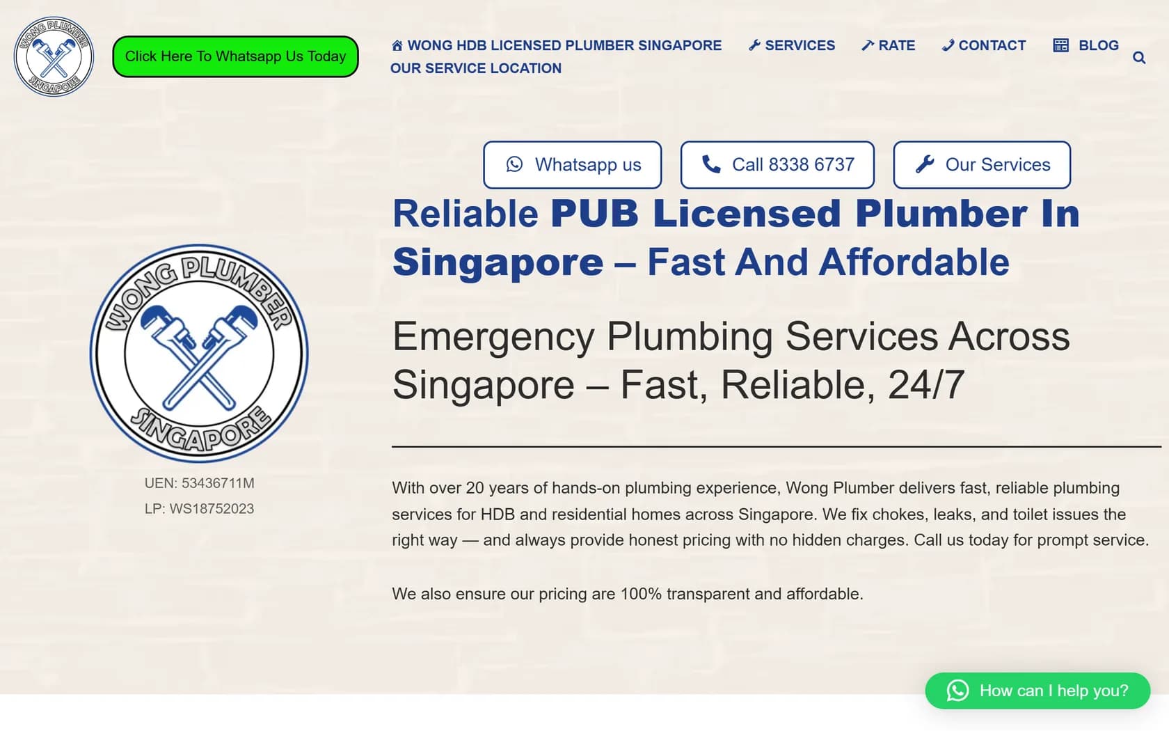Homepage of Wong Plumber’s official website, captured 21 September 2026.