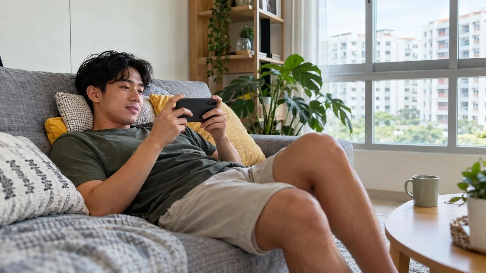 A young person watching a video on a smartphone while relaxing on a bright HDB sofa