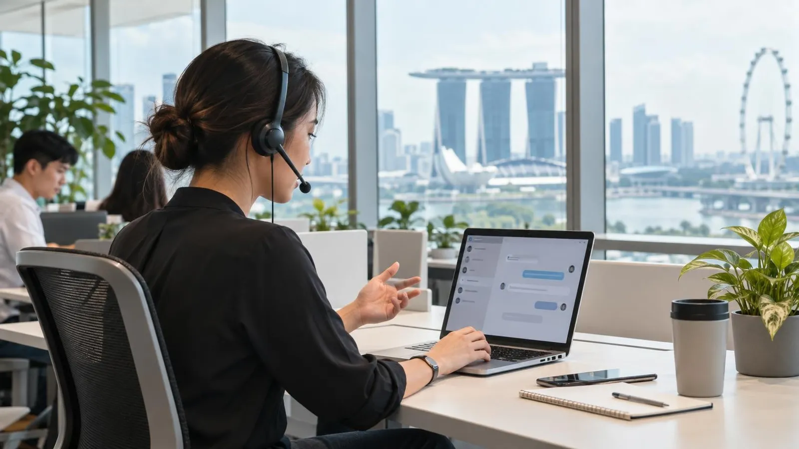 A support staffer at a laptop showing a chat conversation in a bright office