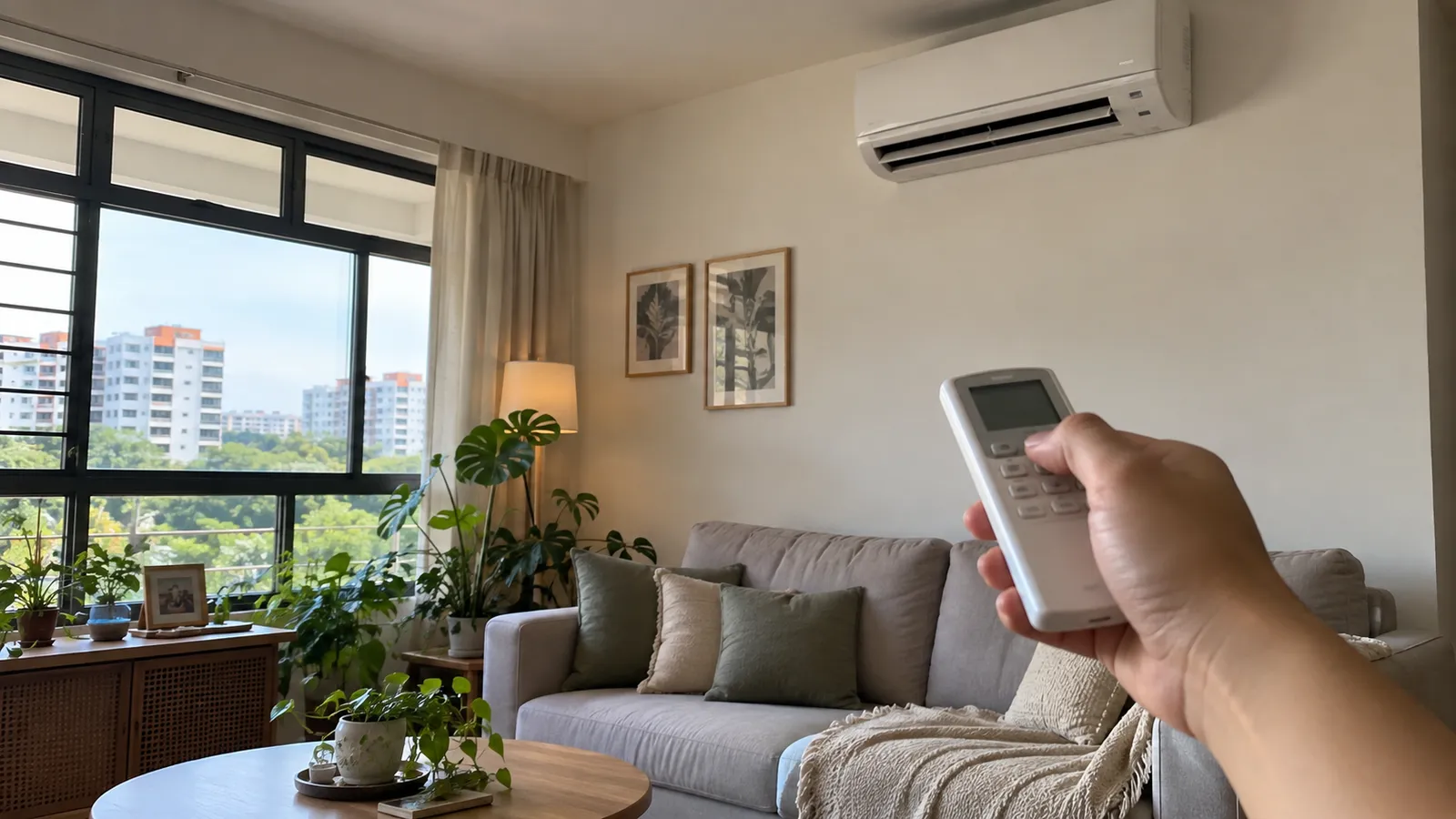A wall-mounted air conditioner in an HDB living room, with a hand holding the remote