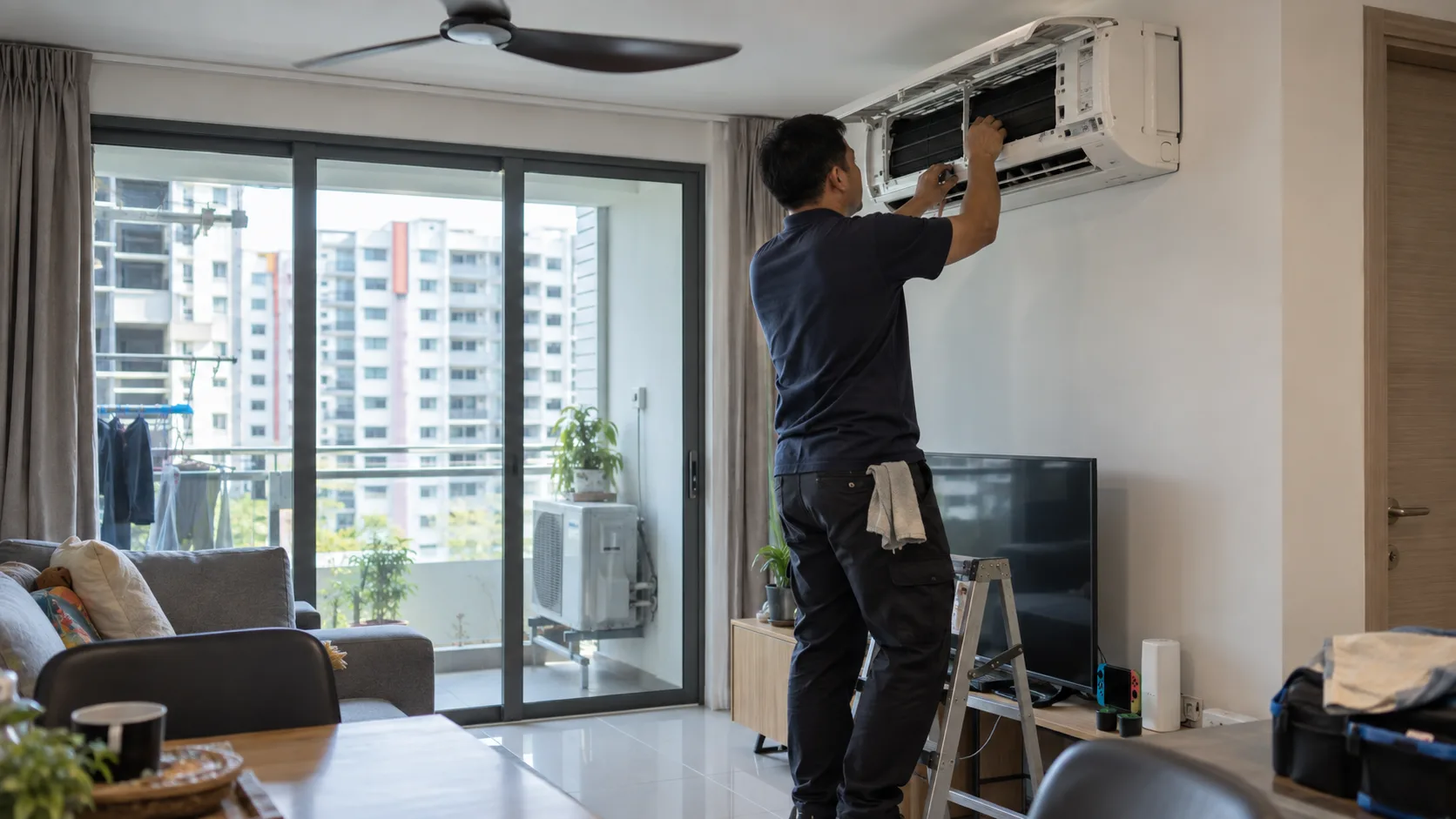 An aircon technician on a step ladder in a Singapore apartment living room, servicing a wall-mounted split-system unit with its front cover open.