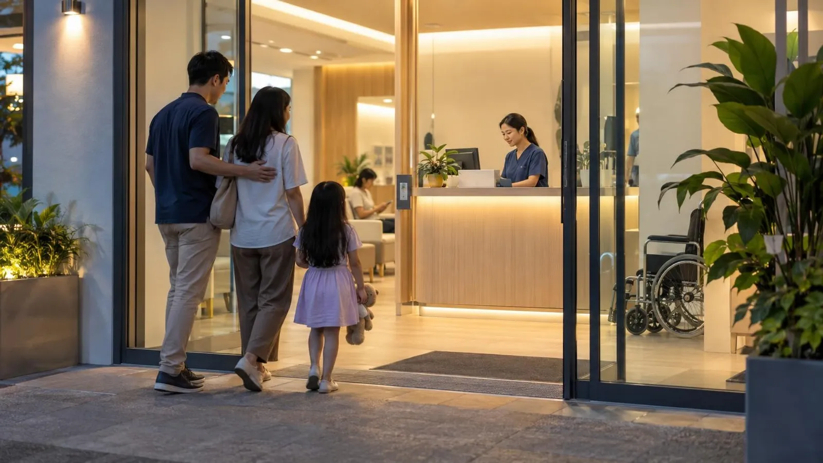 The bright welcoming reception of a 24-hour medical clinic in Singapore in the evening