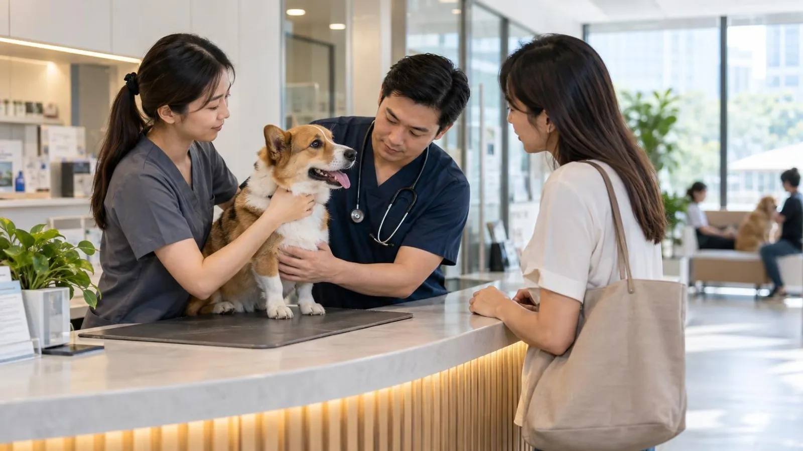 A vet and nurse attending to a dog at the reception of a bright 24-hour veterinary clinic