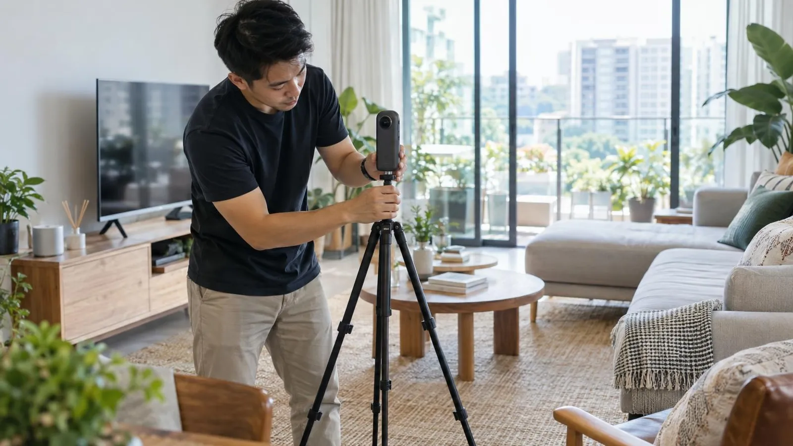 A photographer setting up a 360-degree camera on a tripod in a bright modern apartment living room