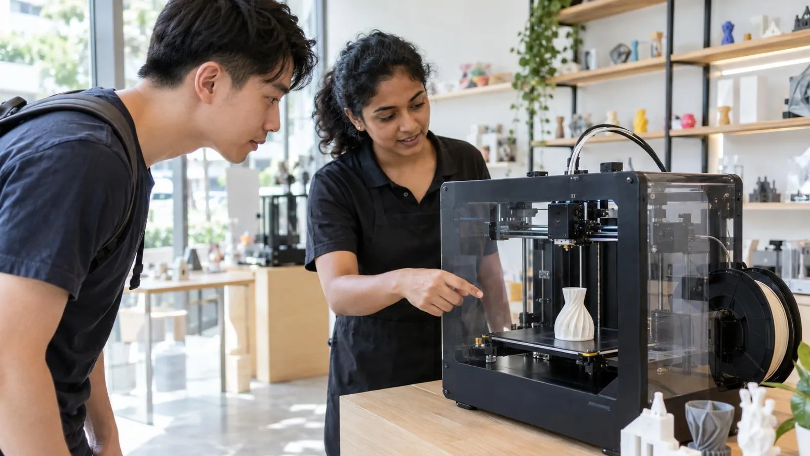 A customer and a shop assistant looking at a desktop 3D printer printing a small object in a bright shop