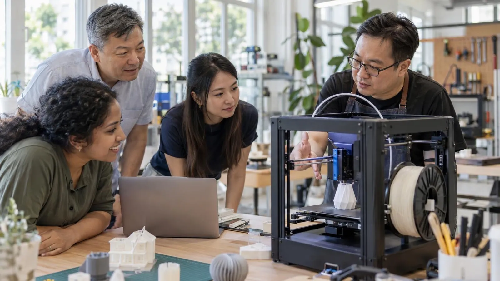 Adult learners watching a desktop 3D printer make an object while an instructor explains in a bright workshop
