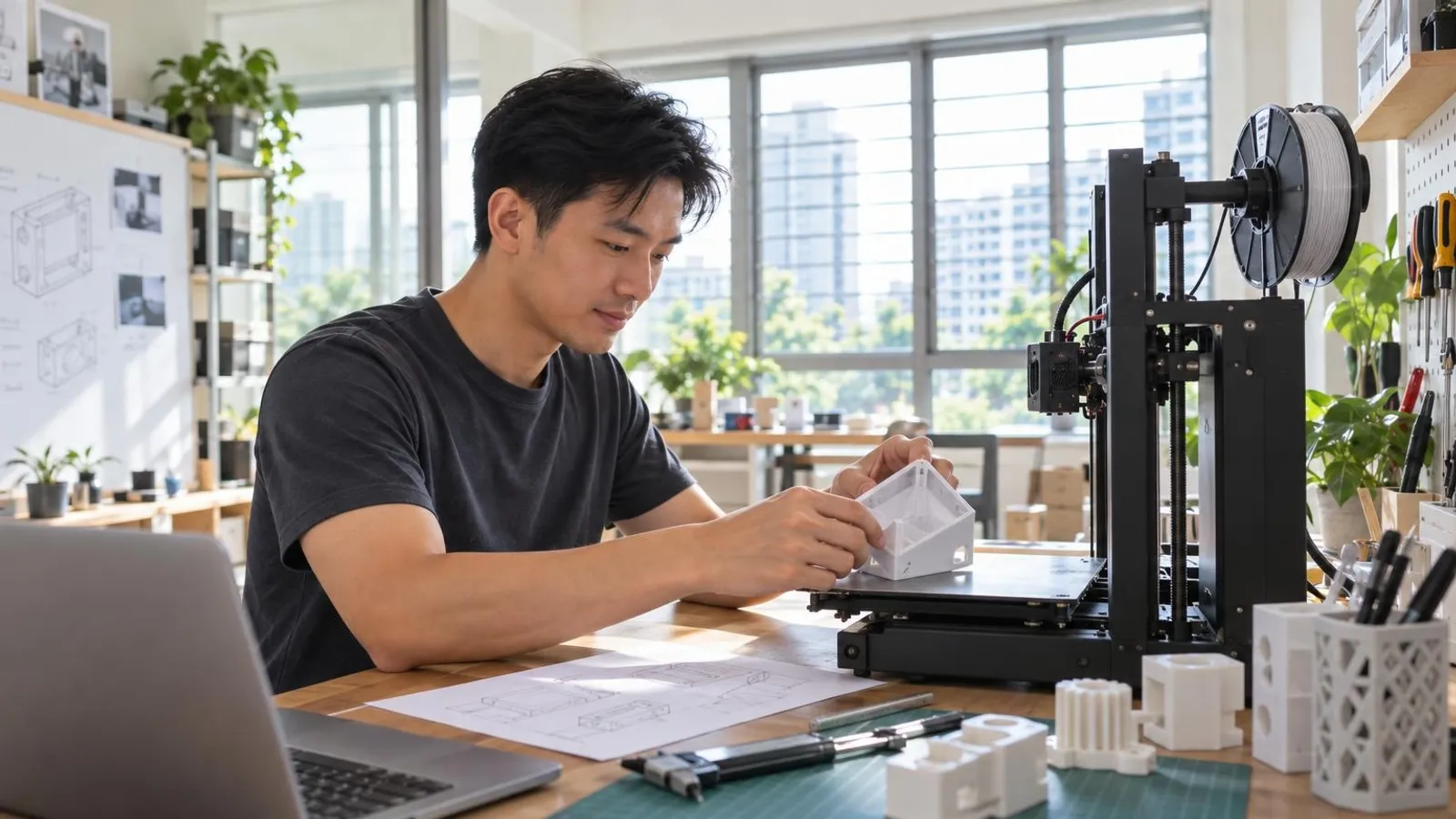 A technician removing a freshly 3D-printed prototype from an FDM printer in a bright modern Singapore workshop