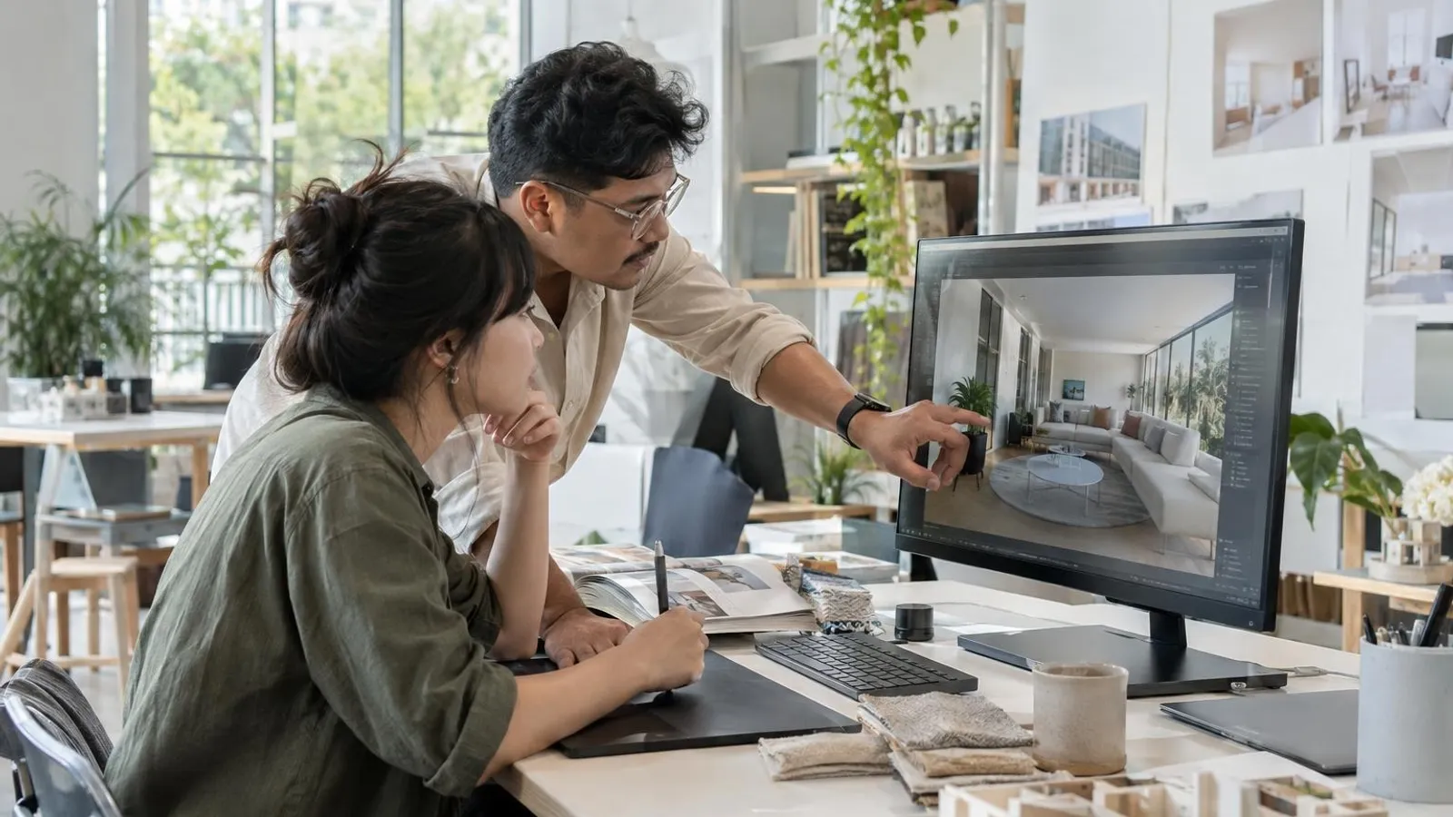 A 3D artist and an architect reviewing a photorealistic interior render on a large monitor in a bright studio