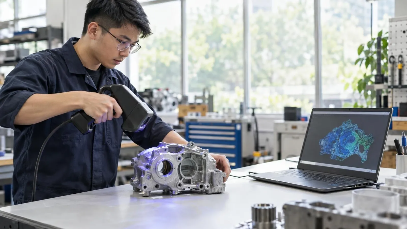 A technician using a handheld 3D scanner on a mechanical part on a bright workbench