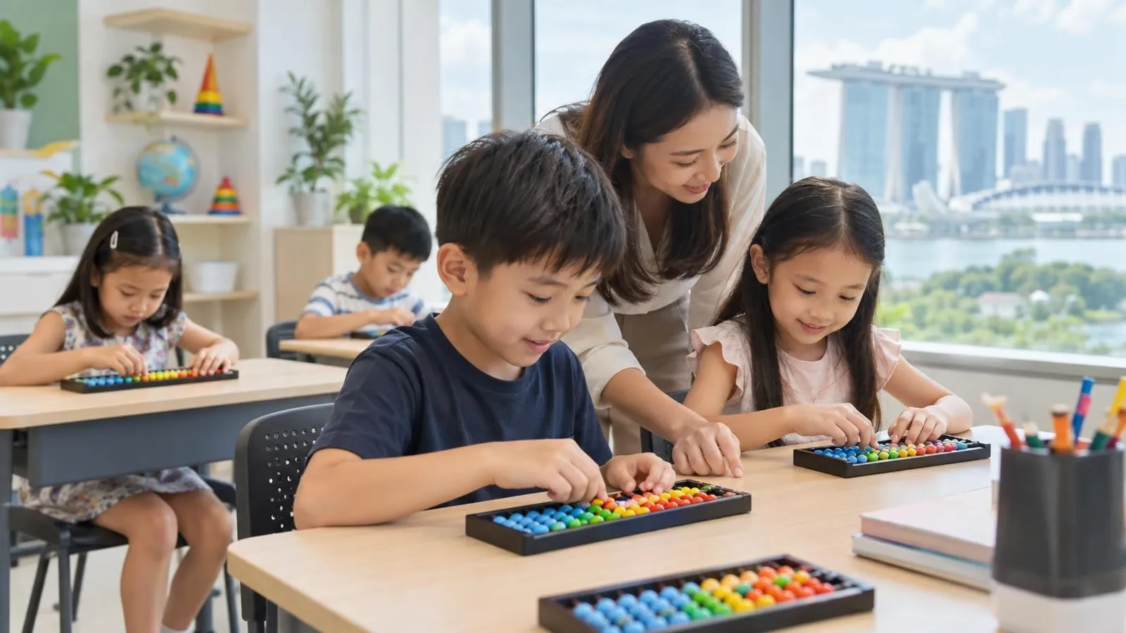 Young students practising with colourful abacus tools at a bright Singapore mental-arithmetic class