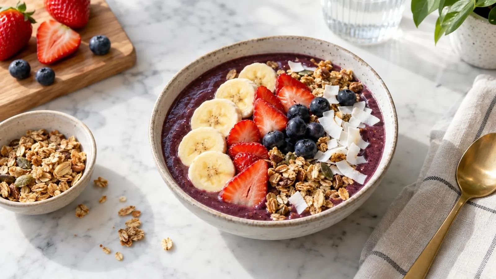 An acai bowl topped with fresh berries, banana slices, granola and coconut on a bright marble table