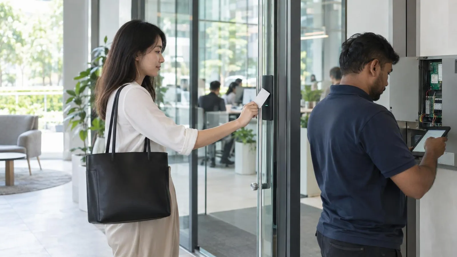 An employee tapping a card on a slim door access reader at a bright modern office entrance while a technician checks the panel