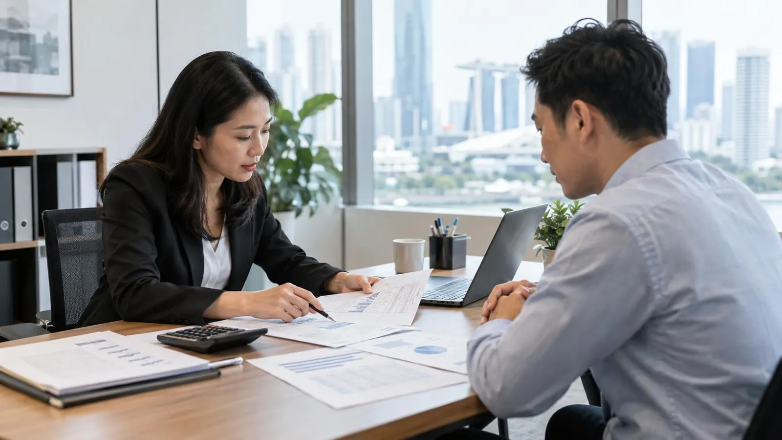 An accountant reviewing financial statements with a client at a bright Singapore office