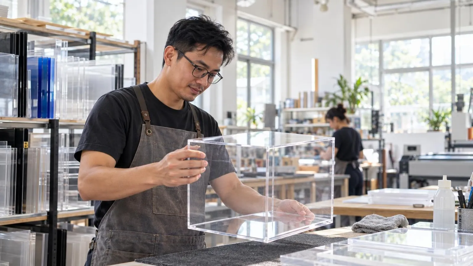 Acrylic Fabricators: a customer and a provider in a bright, modern setting