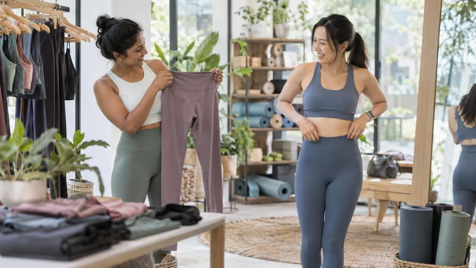 Two women choosing activewear sets in a bright boutique with yoga mats and plants