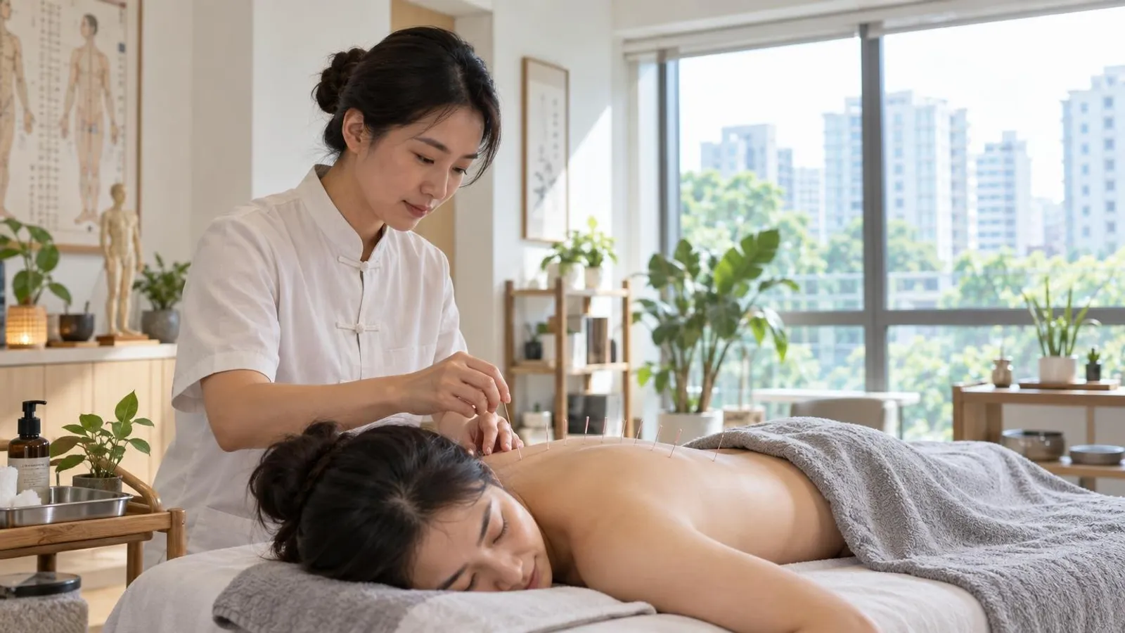A TCM acupuncturist placing fine needles along a patient’s back on a treatment table in a bright Singapore clinic