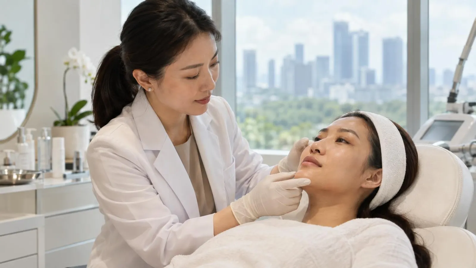 An aesthetic doctor assessing a patient skin before a treatment in a bright modern Singapore clinic
