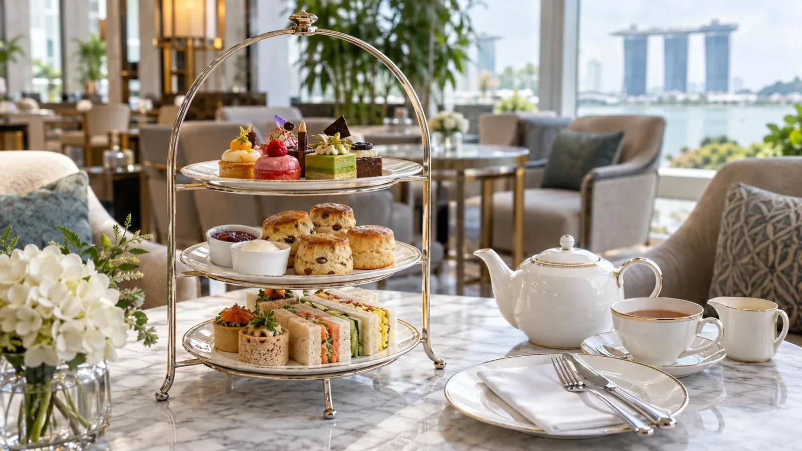 A three-tier afternoon tea stand with scones, finger sandwiches and pastries with a teapot and fine china in a bright hotel lounge