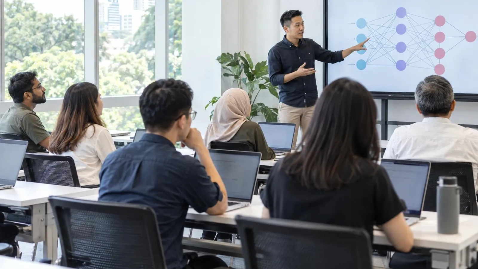 Adults learning in a bright classroom as an instructor presents a neural-network diagram on a large screen