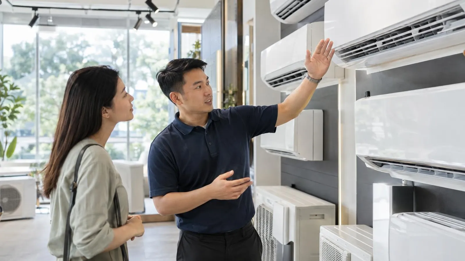 Air Conditioner Shops: a customer and a provider in a bright, modern setting
