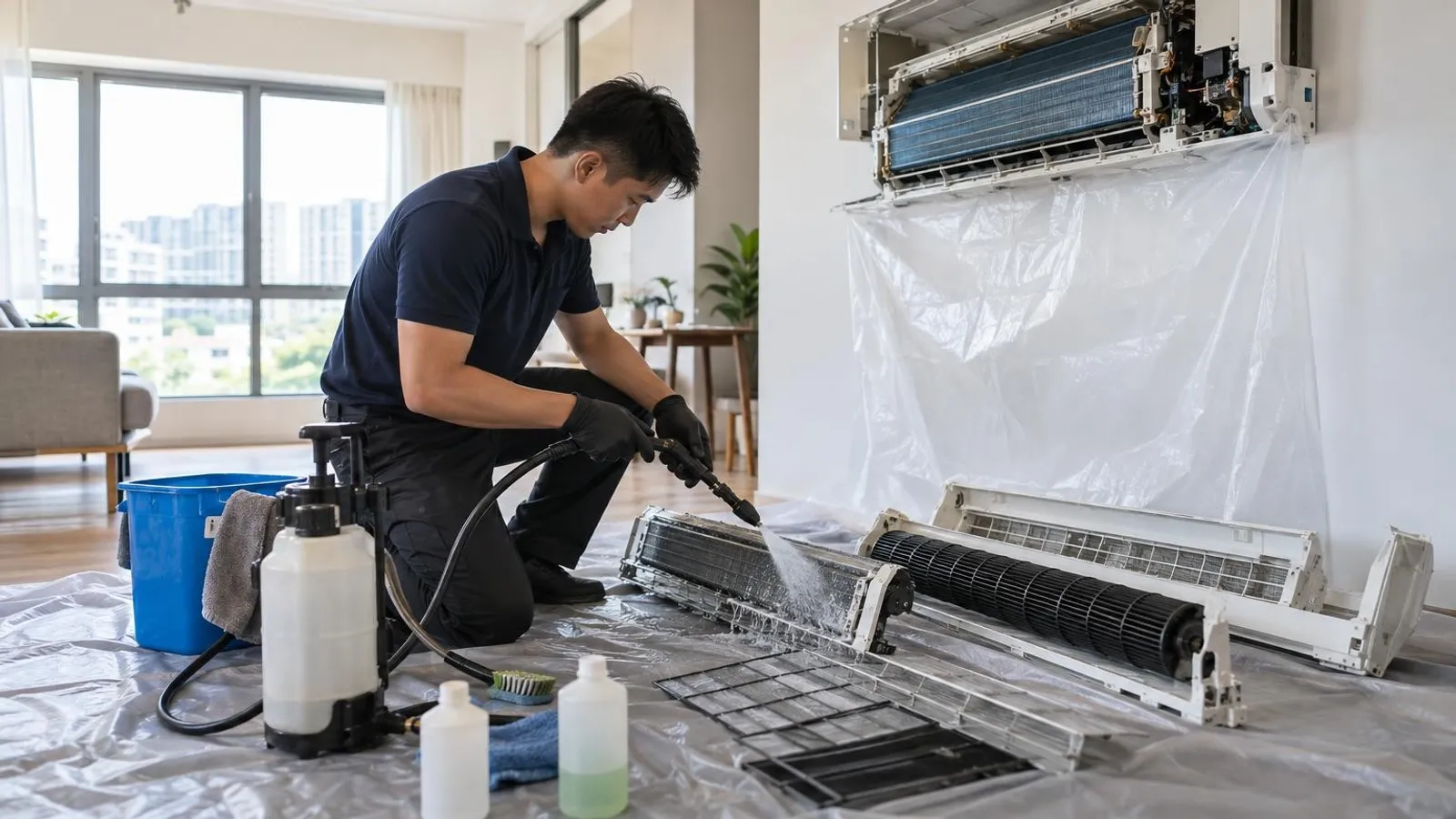 An aircon technician servicing a dismantled air-conditioner unit in a bright Singapore flat