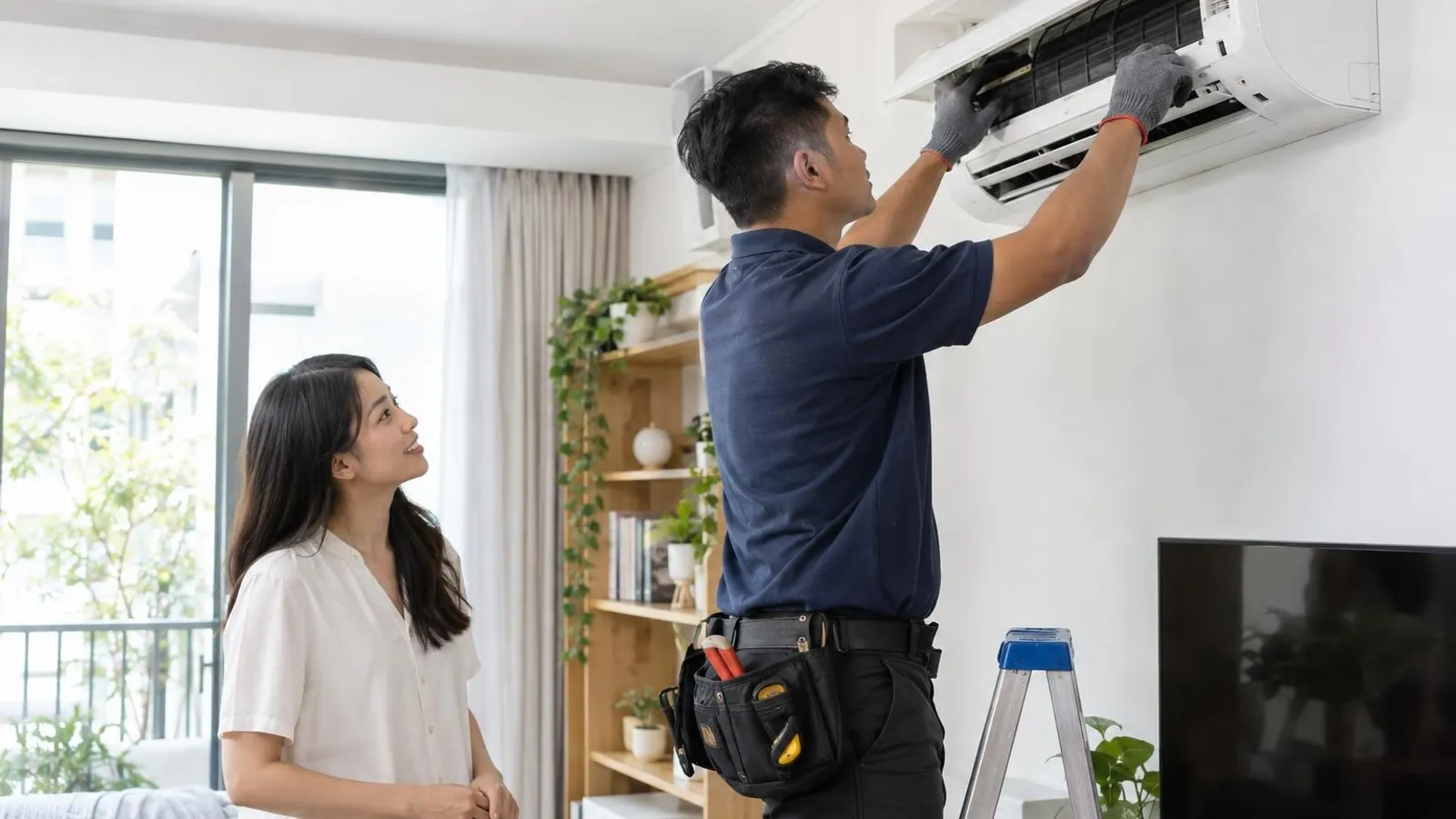 Aircon Installation Services: a customer and a provider in a bright, modern setting