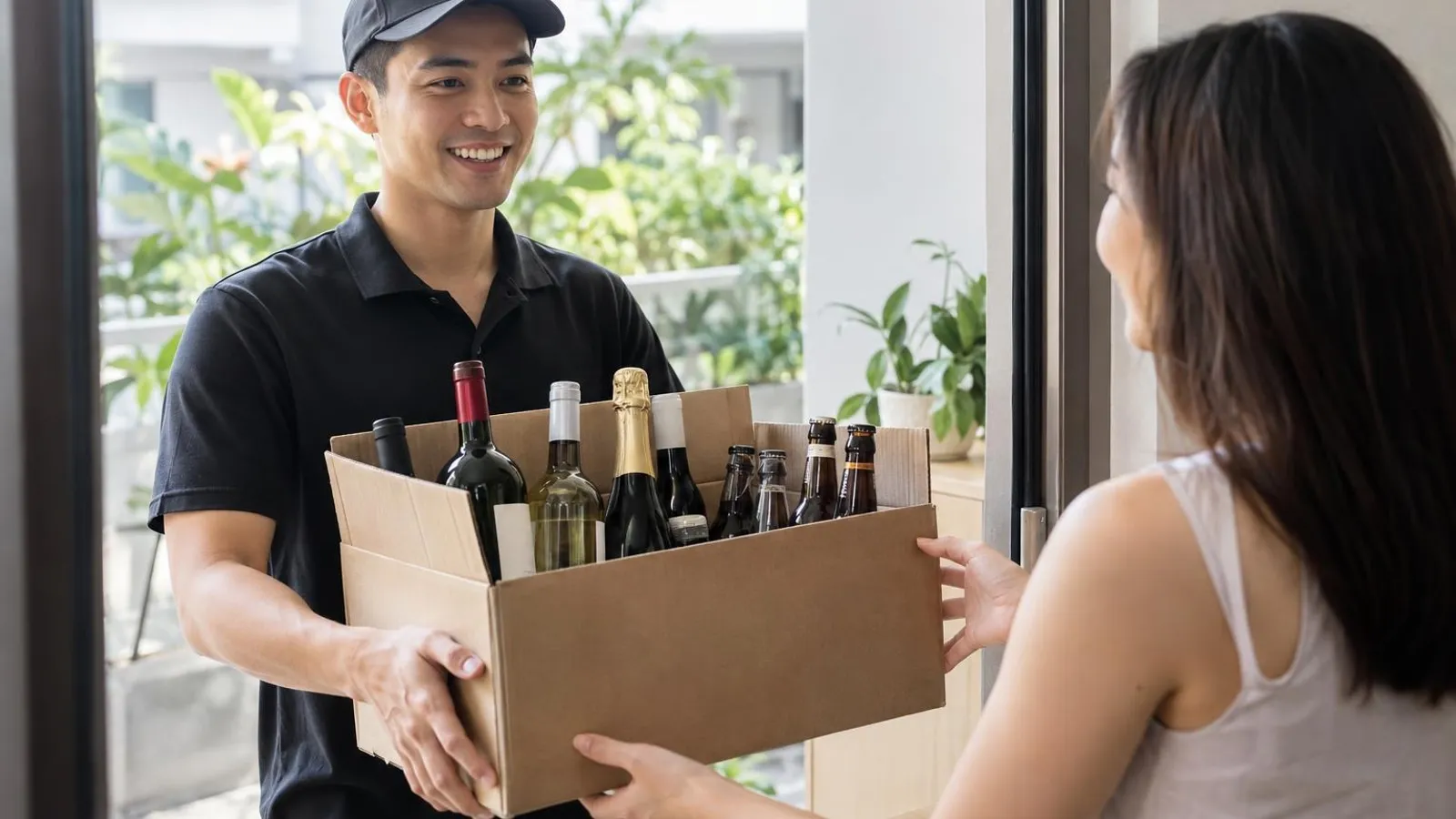 Alcohol Delivery: a customer and a provider in a bright, modern setting
