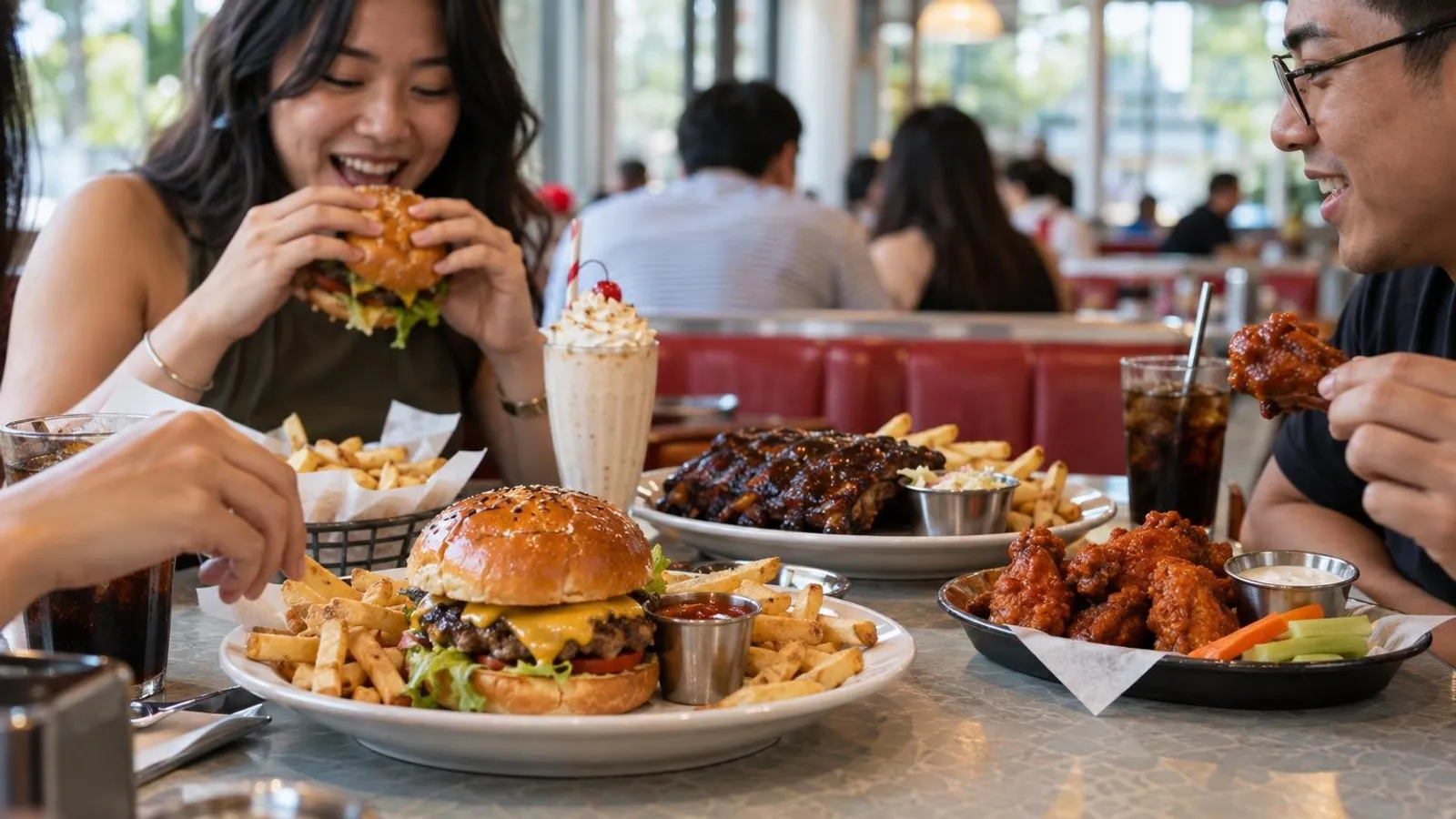 A hearty American diner spread in Singapore with a cheeseburger, fries, barbecue ribs and a milkshake