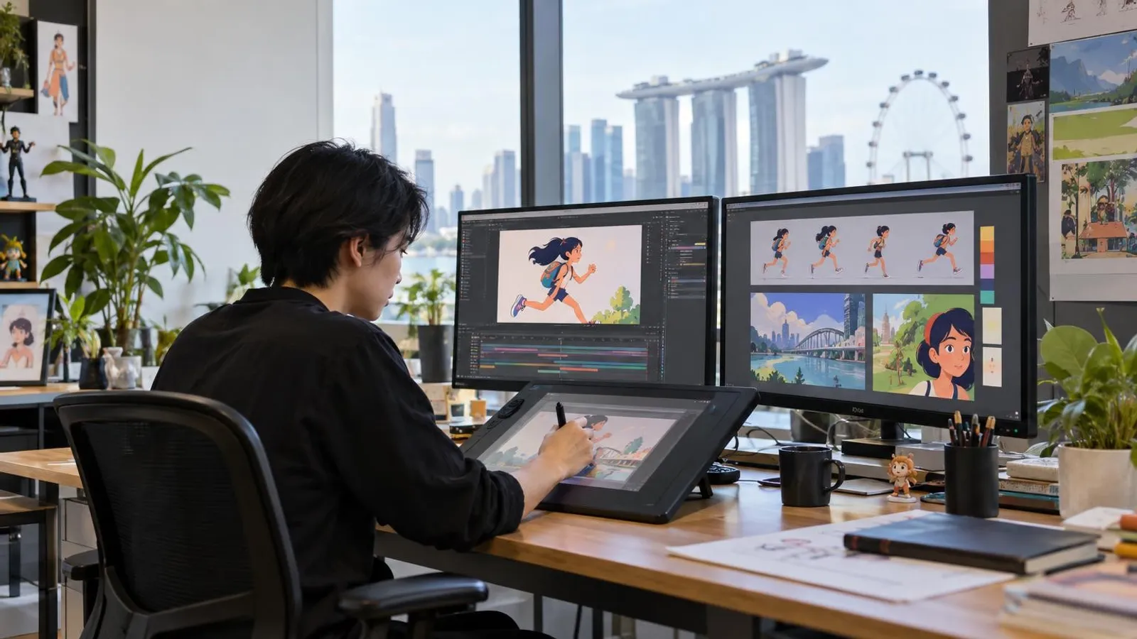 A motion designer animating on dual monitors with a pen tablet at a bright Singapore animation studio
