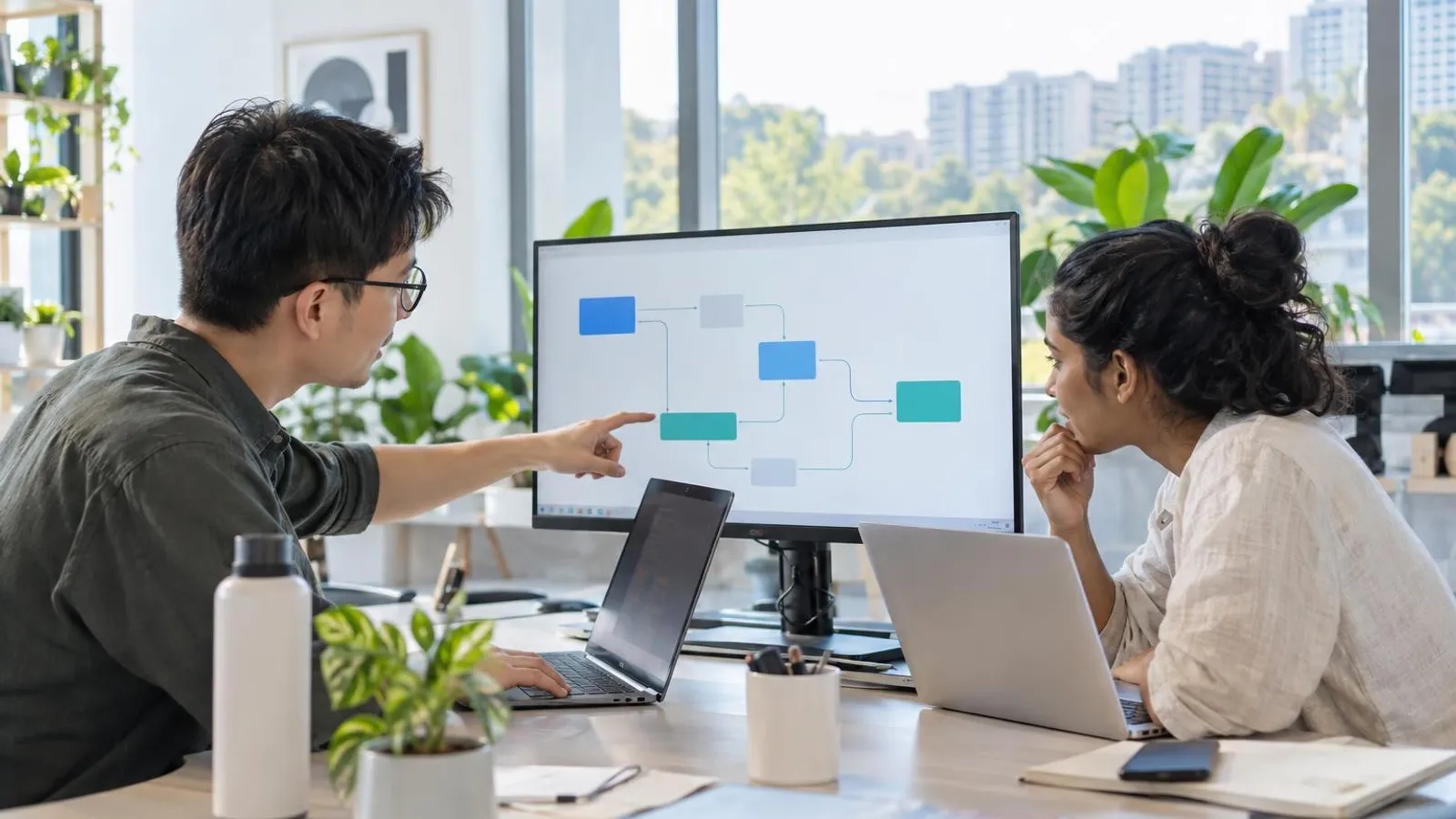 Two software engineers connecting systems at a bright desk with laptops and an abstract diagram of linked blocks on a monitor