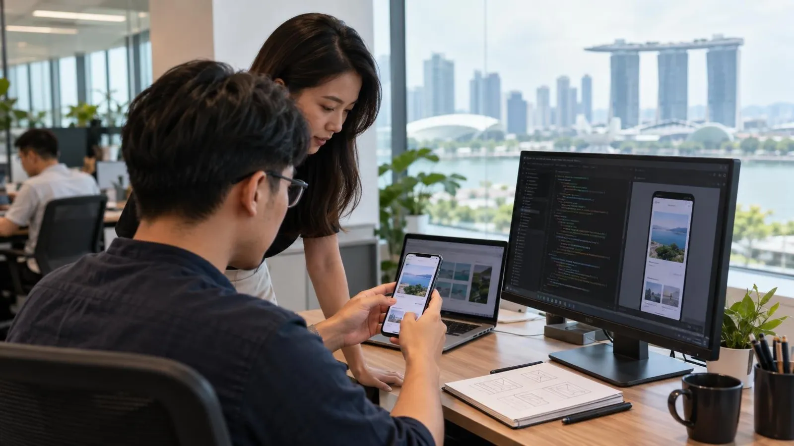 App developers testing a mobile app on a phone with code on screen in a Singapore office