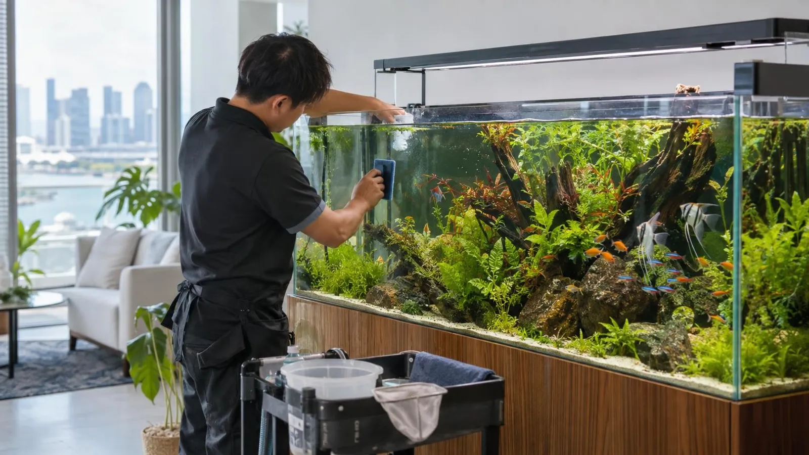A technician servicing a large home aquarium in Singapore with clear water and aquatic plants