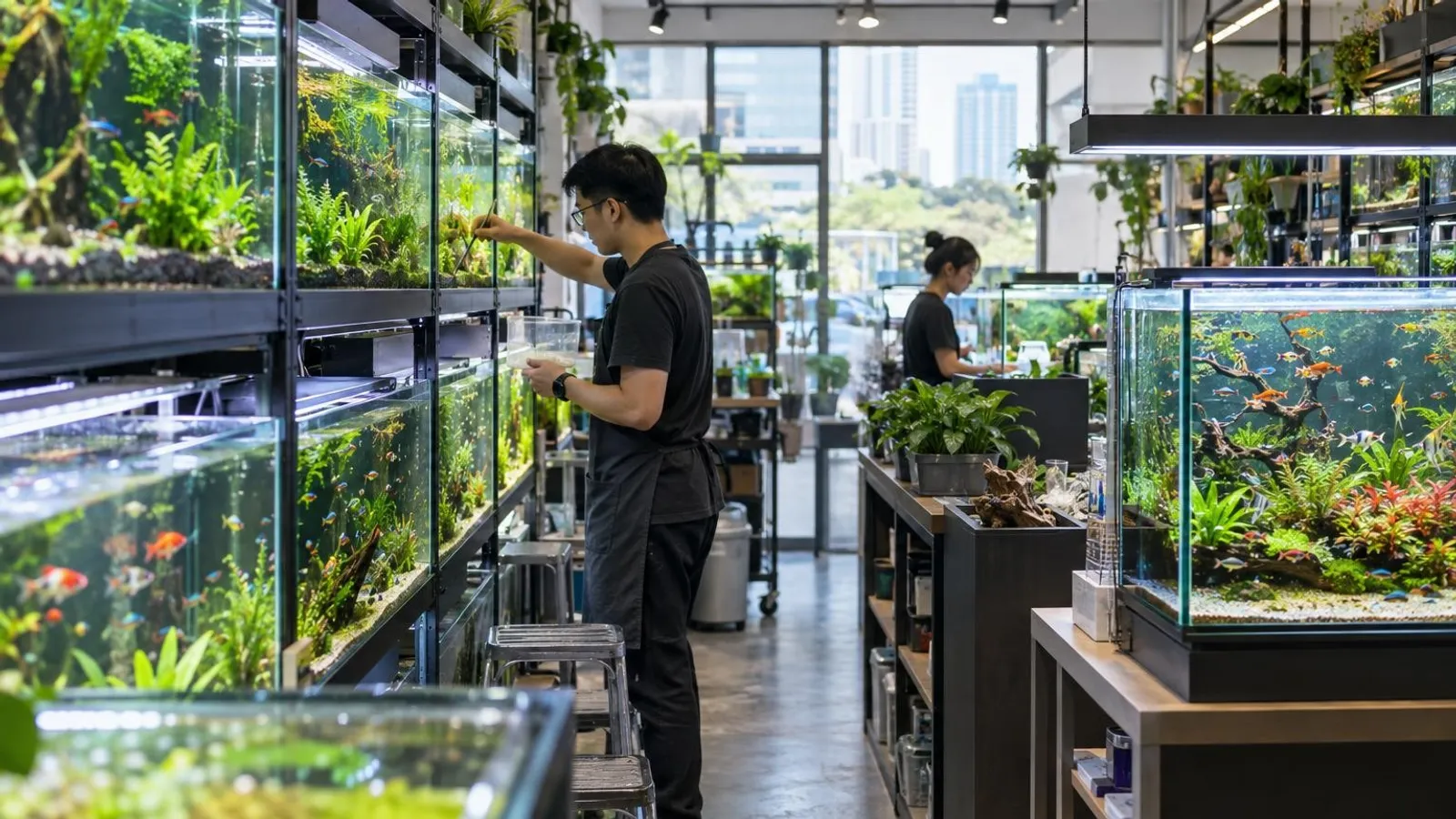 A Singapore aquarium shop with rows of planted tanks full of tropical fish