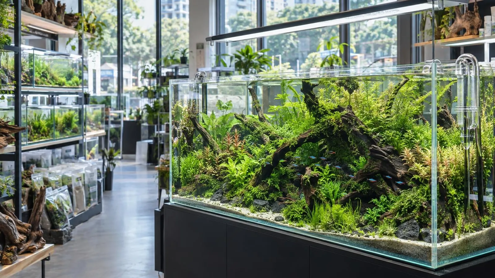 A lush planted freshwater aquascape aquarium with aquatic plants and driftwood in a bright Singapore aquascaping shop