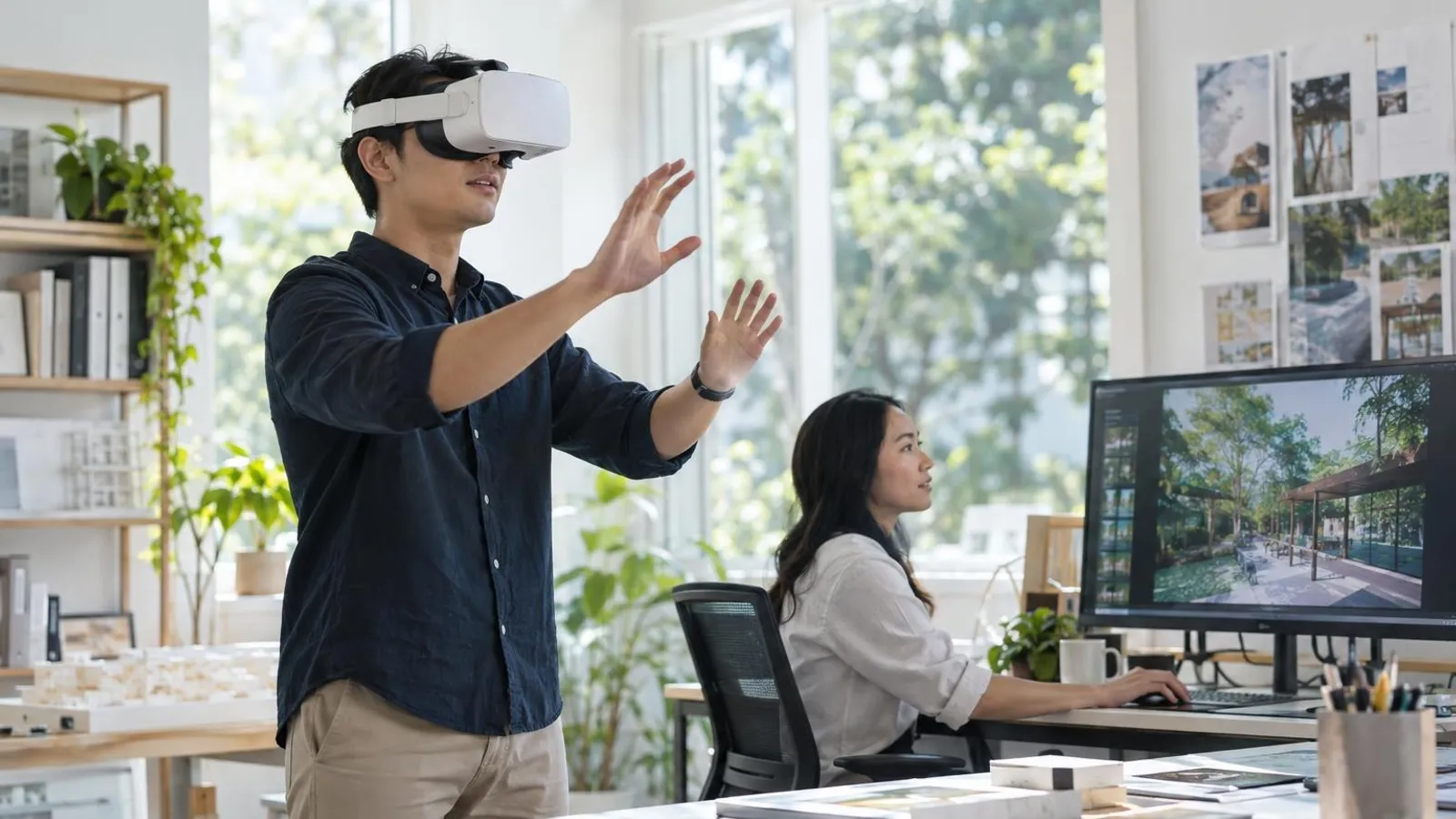A developer wearing a VR headset testing an immersive scene in a bright studio while a colleague watches a monitor