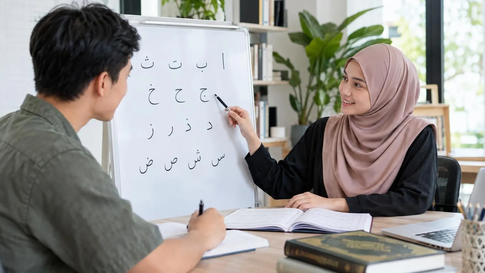 Arabic Classes: a customer and a provider in a bright, modern setting