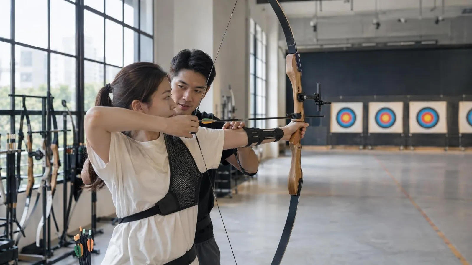 An archery instructor guiding a beginner recurve bow draw at an indoor Singapore range
