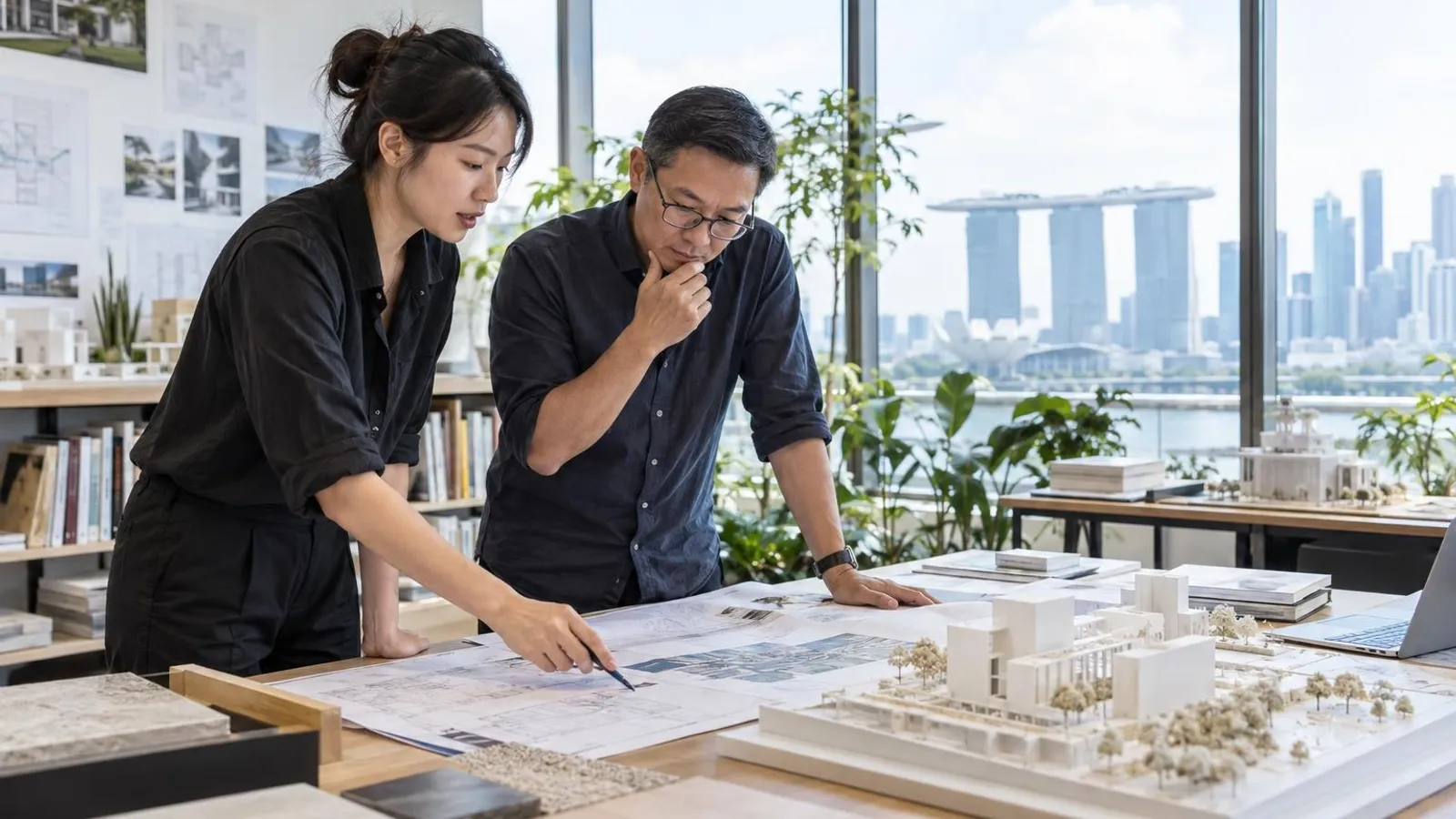 Two architects reviewing building plans and a white architectural scale model on a large table in a bright modern Singapore architecture studio